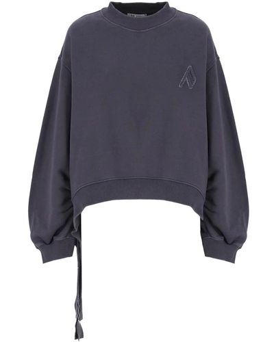 The Attico Lila baumwoll-sweatshirt mit rundhalsausschnitt,blaue strickjacke mit gerafften ärmeln und riemen-details