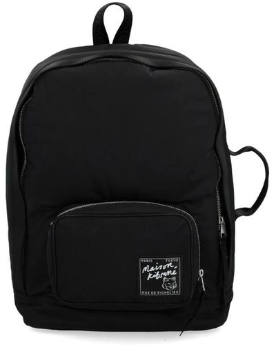 Maison Kitsuné Schwarzer nylon-rucksack mit logo-patch