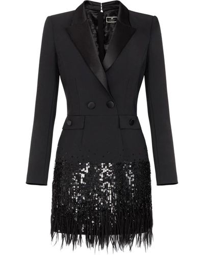 Elisabetta Franchi Robe-manteau de doble crêpe con lentejuelas y flecos - Negro