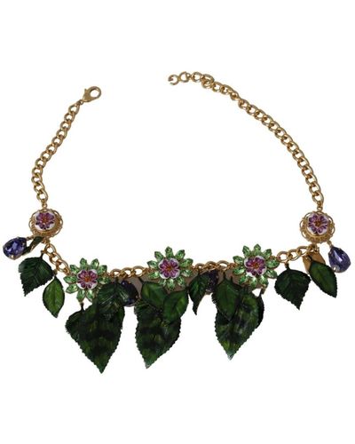 Dolce & Gabbana Floral Crystal Charm Gold Brass Statement Necklace - Multicolor