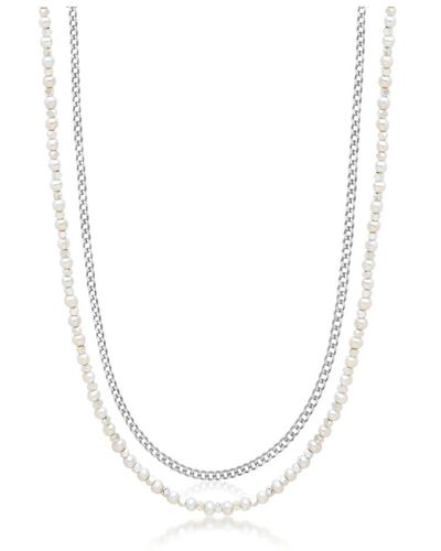 Nialaya Silver necklace layer with 3mm cuban link chain and pearl necklace - Metallizzato