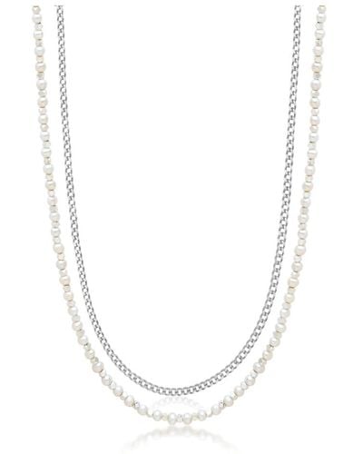 Nialaya Silver necklace layer with 3mm cuban link chain and pearl necklace - Mettallic