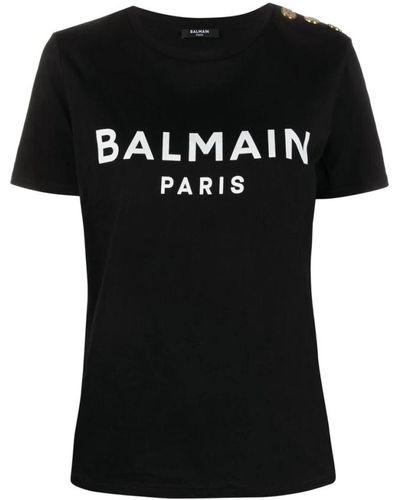 Balmain Camiseta de algodón negra con estampado de logotipo - Negro