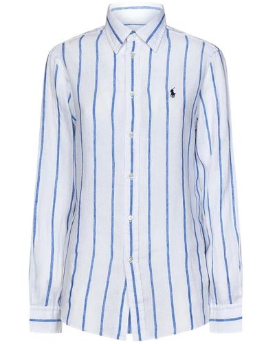 Ralph Lauren Camicia in lino bianca con righe blu