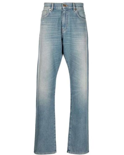 Versace Gewaschene straight-leg jeans mit lederdetails - Blau