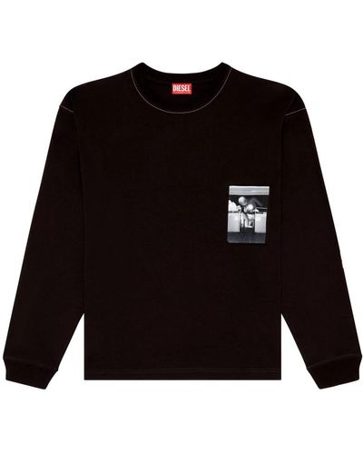 DIESEL Langarm-t-shirt mit patches mit unverarbeiteten kanten - Schwarz