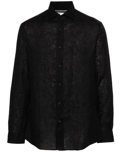 Brunello Cucinelli Camicia in lino nero con dettagli a pieghe