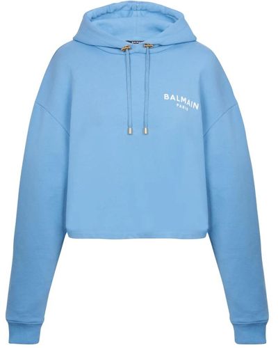 Balmain Kurzes Sweatshirt Öko-Design aus Baumwolle mit beflocktem Logo - Blau