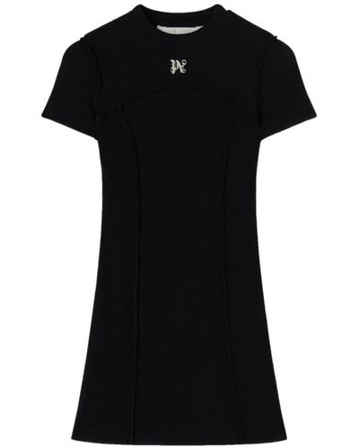 Palm Angels Elegantes mini monogramm kleid,schwarzes kleid mit besticktem logo