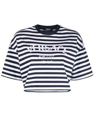 Versace Maritime streifen logo cropped t-shirt - Blau