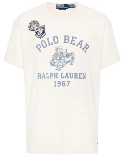 Ralph Lauren Bedrucktes weißes t-shirt mit logo-patch und polo bear-print