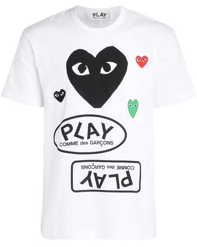 COMME DES GARÇONS PLAY T-shirt in weiß mit schwarzem herz und mehrfarbigen logos