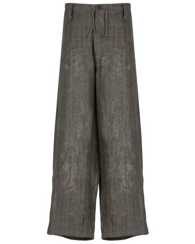 Yohji Yamamoto Pantaloni in lino grigi con coulisse in vita - Grigio