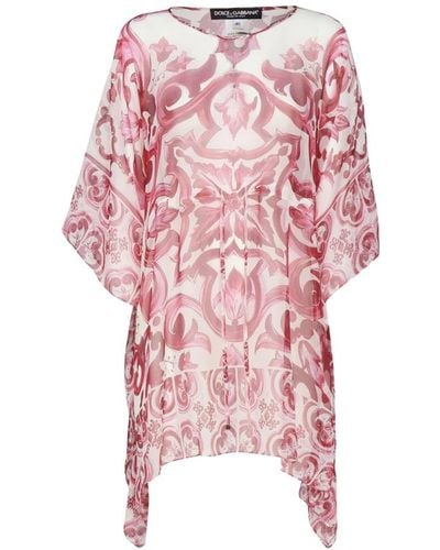 Dolce & Gabbana Seidenchiffon-kleid mit majolika-print - Pink