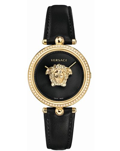 Versace Uhr palazzo empire schwarz leder gold 68 diamonds 34mm vecq00818 - Mettallic