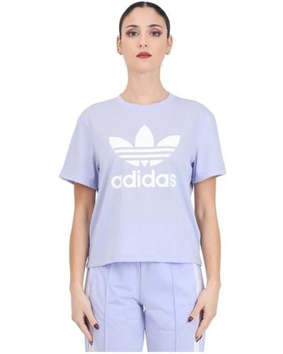 adidas Originals Camiseta lila y blanca trefoil boxy - Azul