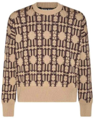 Palm Angels Beige monogram jacquard crew neck sweater - Marrone