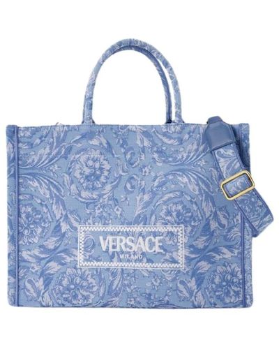 Versace Blaue jacquard shopper tasche canvas