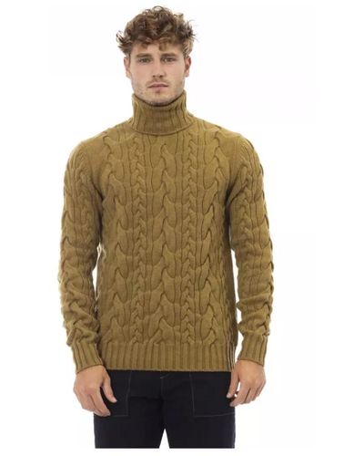 Alpha Studio Maglione in lana marrone con collo alto - Verde