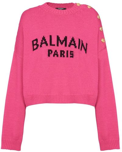 Balmain Kurzer pullover aus netzstoff mit logo - Pink