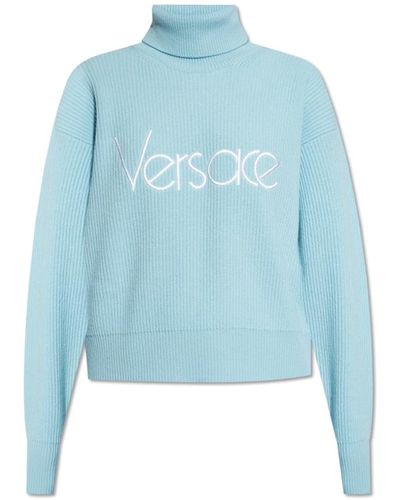 Versace Wollrollkragenpullover mit logo - Blau