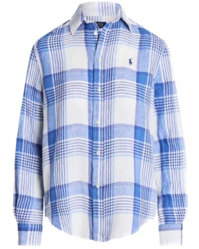 Ralph Lauren Camicia in lino blu/bianca con logo