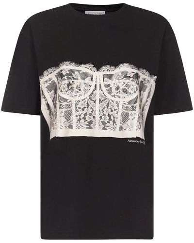 Alexander McQueen Schwarzes oversize-t-shirt mit spitzenkorsett-print