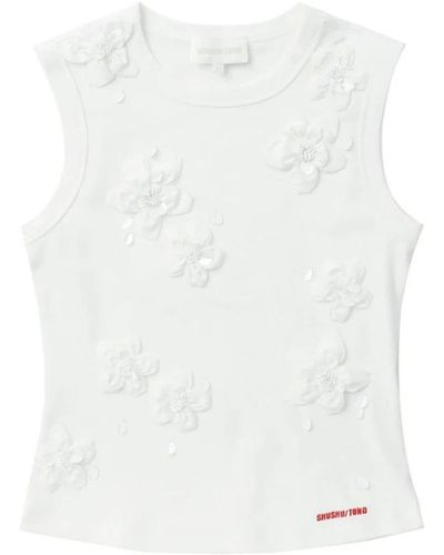 ShuShu/Tong T-shirt senza maniche con applicazioni floreali e perline - Bianco