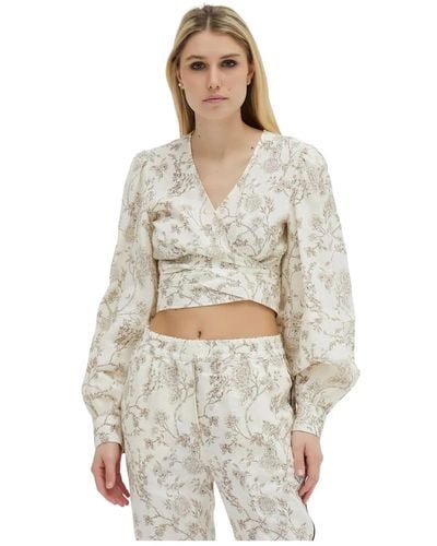 Erika Cavallini Semi Couture Blusa crop in lino stampa flower - Bianco