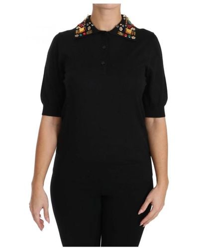Dolce & Gabbana Top nero in cashmere con colletto di paillettes