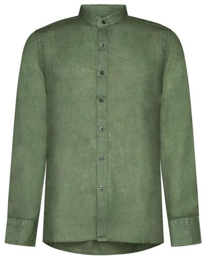 120% Lino Camicia verde in lino con colletto a fascia