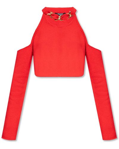 Balmain Cold-shoulder knitted crop top - Rouge