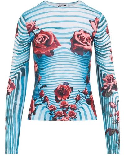 Jean Paul Gaultier Blauer body morphing top mit blumengrafik
