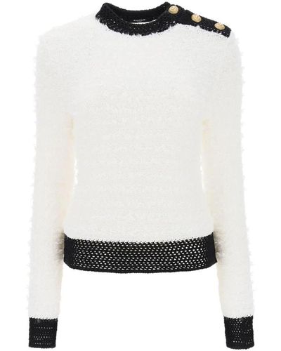Balmain Monochromer tweedpullover mit löwenkopfknöpfen - Weiß