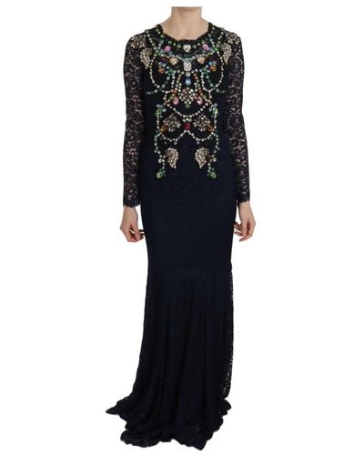 Dolce & Gabbana Abito lungo blu in pizzo floreale con cristalli - Nero