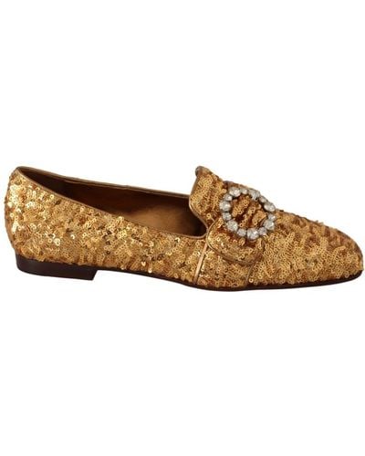 Dolce & Gabbana Gold Sequin Crystal Flat Loafers Shoes - Multicolor
