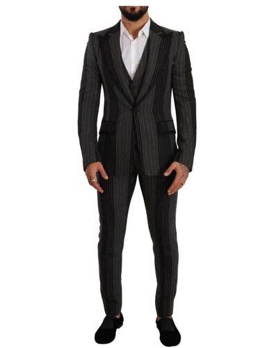 Dolce & Gabbana Schwarz grau gestreifter slim fit 3-teiliger anzug