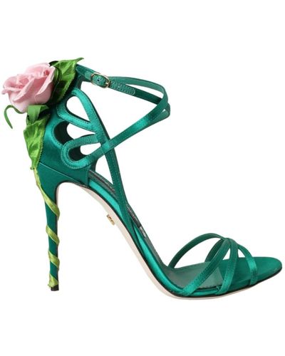 Dolce & Gabbana Grüne blumige satin sandalen mit knöchelriemen