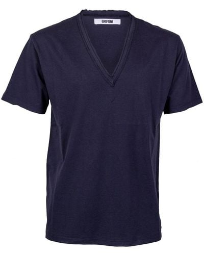 Mauro Grifoni T-shirt da in cotone leggero con scollo a v. dettaglio 3 colli.made in italy - Blu