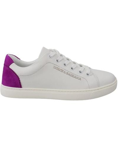 Dolce & Gabbana White Purple Leather Logo Shoes - Gray