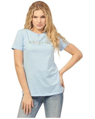 Armani Exchange Camiseta azul de algodón orgánico con estampado de logo