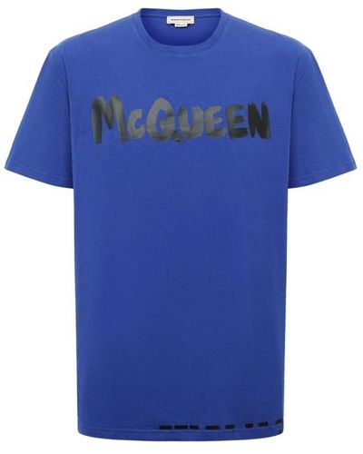 Alexander McQueen Blaues baumwoll-t-shirt mit logo-print
