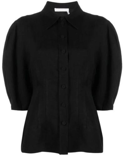 Chloé Blusa negra de lino/cáñamo con mangas de globo - Negro