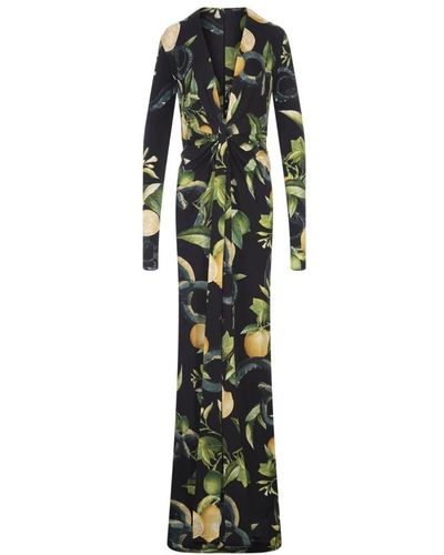 Roberto Cavalli Vestido largo negro con estampado de limones y serpientes - Verde