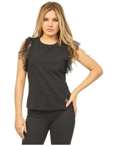 GAUDI Camiseta negra detalle encaje de algodón - Negro