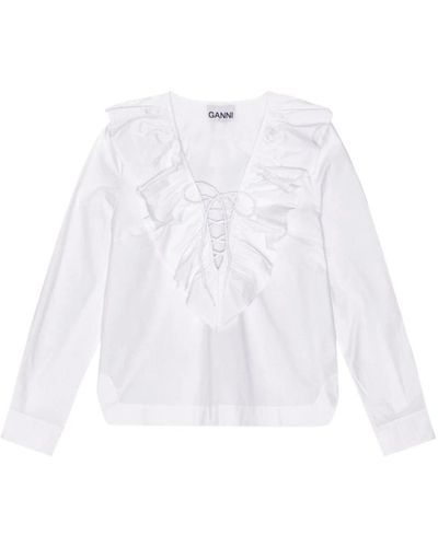 Ganni Camicia bianca in cotone organico con colletto a balze - Bianco