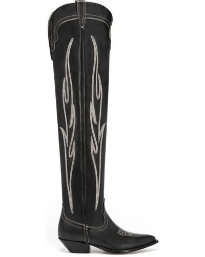 Sonora Boots Stivali sopra il ginocchio in pelle di vitello nera con ricamo bianco - Nero