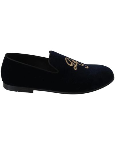 Dolce & Gabbana Velvet Gold Logo Slipper Loafers Schuhe - Schwarz