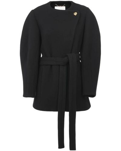 Chloé Cappotto nero in lana con cintura in tessuto