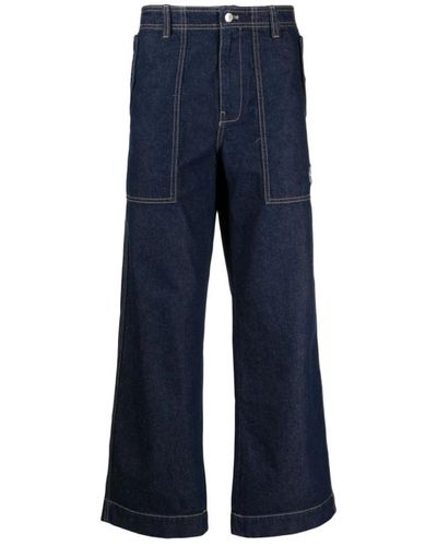 Maison Kitsuné Workwear pants in washed denim with fox head patch - Blu